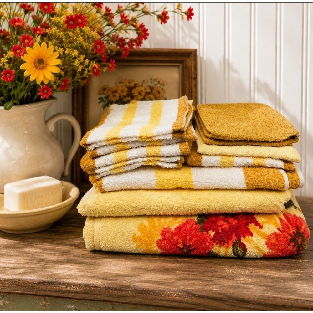 Vintage 1970s 3 Bath Towels & 7 Washcloths Mustard Yellow Orange Cannon & Pennys